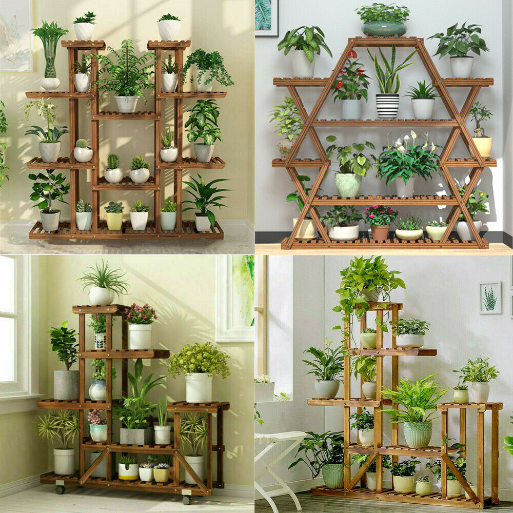Extra Large Wood Plant Stand Flower Steady Carbonized Rack Outdoor Yard Patio