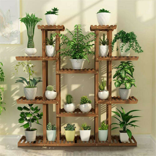 Large 11 Tiered Wood Plant Stand Carbonized Pot Shelf Holder Flower Shop Office