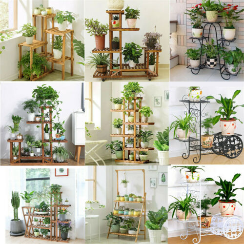Garden Multi Tier Pine Wood Metal Bamboo Plant Stand Flower Pot Rack Shelf Home
